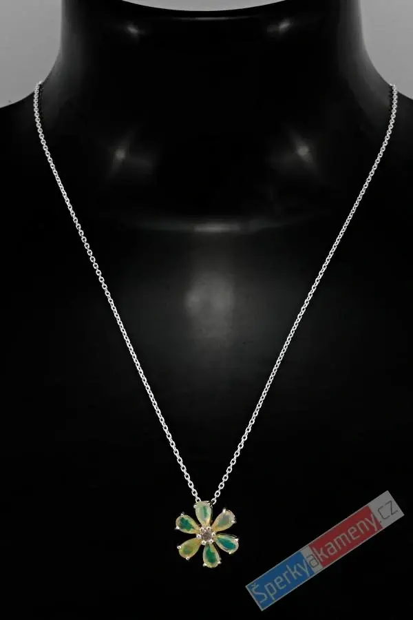 Minimalistický stříbrný náhrdelník (Ag 925/1000) s drahými opály QA, "šperk pro květinovou vílu" (ODR1694A)