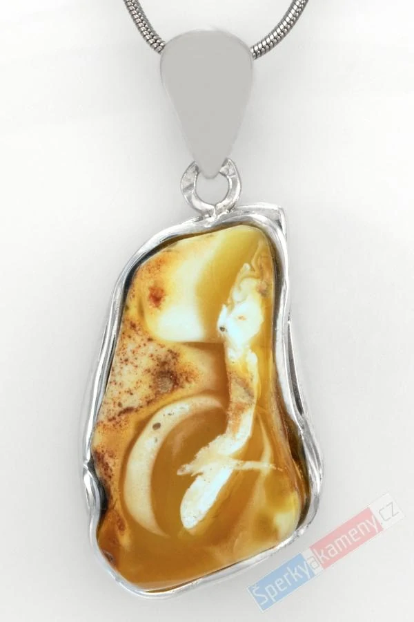 Unisex stříbrný přívěsek (Ag 925/1000) s baltským bílým jantarem prorostlým ve žlutém jantaru QAA, cca 34 x 21 mm "léčivá síla bílého jantaru II" (JA1649P)