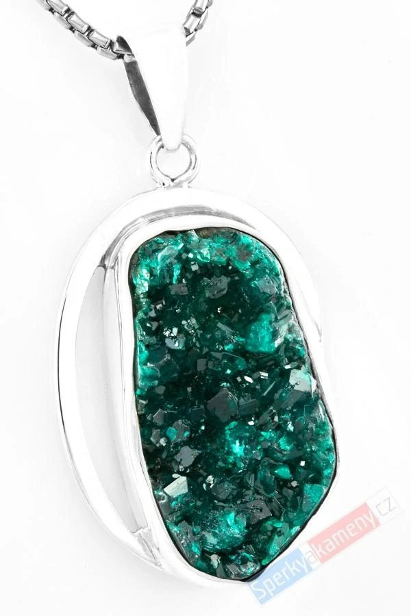 Unisex stříbrný přívěsek (Ag 925/1000) s přírodním dioptasem QAA, cca 38 x 27 mm, nádherná barva, "kámen srdce", RARITA (DI1807P)