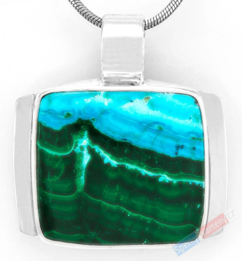 Unisex stříbrný přívěsek (Ag 925/1000) s chryzokolem v malachitu QAA, cca 22 x 28 mm, "krása přírodního obrazu" (CHLM1201P)