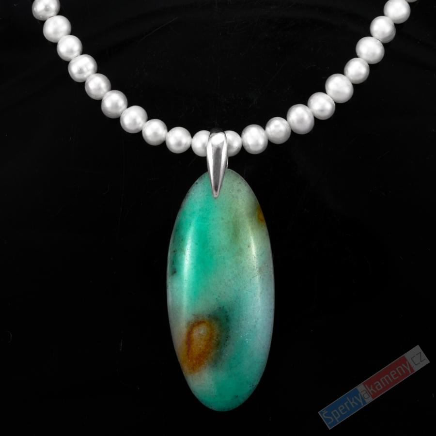 Náhrdelník v boho stylu z bílých sladkovodních perel s přívěskem z Gem Silica QA, stříbro Ag 925/1000, RARITA (PBG1046S)