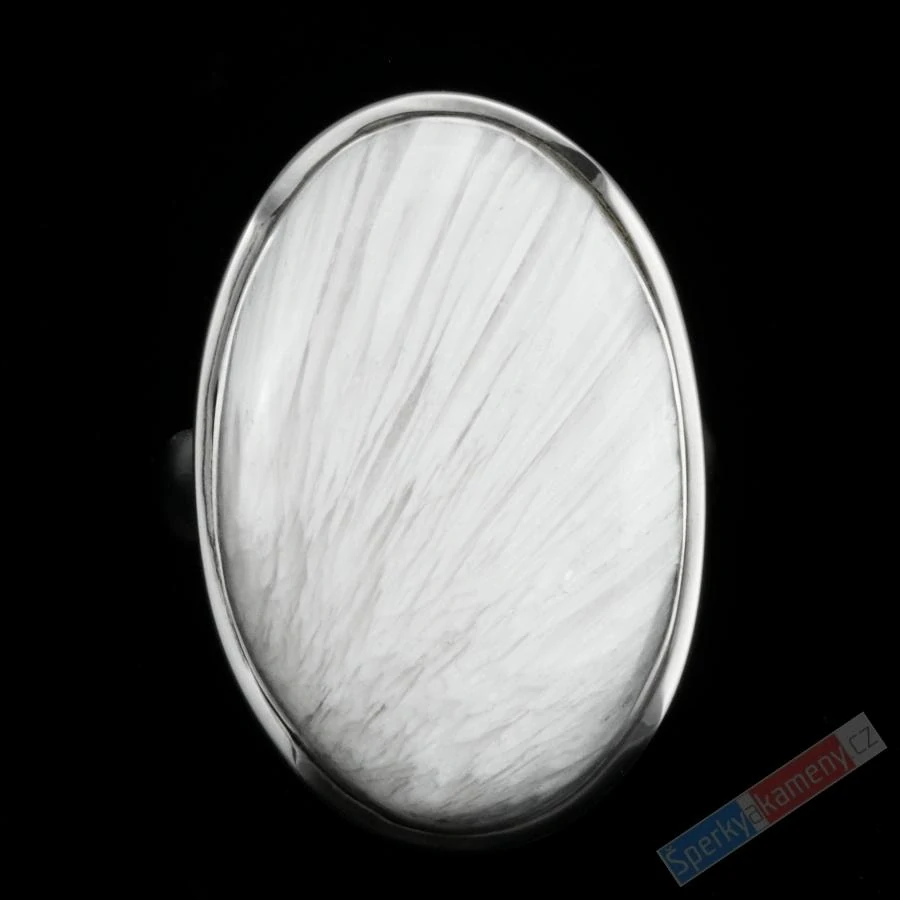 Velký stříbrný prsten (Ag 925/1000) s bílým skolecitem QAA, vel. kamene cca 31 x 21 mm, "andělská křídla", VELIKOST 57/58, RARITA (SC2118R)