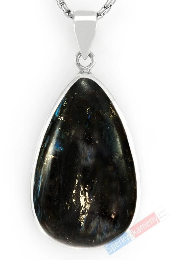 Větší stříbrný přívěsek (Ag 925/1000) s nummitem QAA, kapka cca 42 x 26 mm, RARITA (NT1513P)