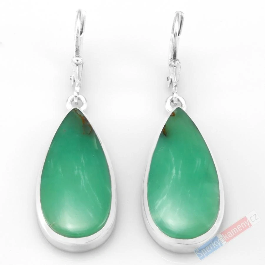 Stříbrné náušnice (Ag 925/1000) s chryzoprasem QAA, kapky cca 26 x 14 mm, RARITA (CHR1218U)