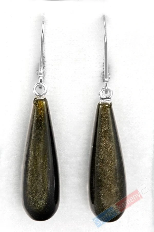 Náušnice ze zlatistvého obsidiánu QA, stříbro Ag 925/1000, oblé kapky cca 26 x 8 mm (OB6051U)