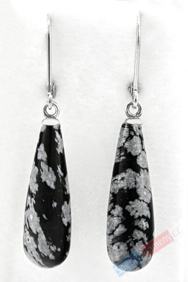 Náušnice ze sněžného obsidiánu QA, stříbro Ag 925/1000, oblé kapky cca 25 x 8 mm (OB5445U)