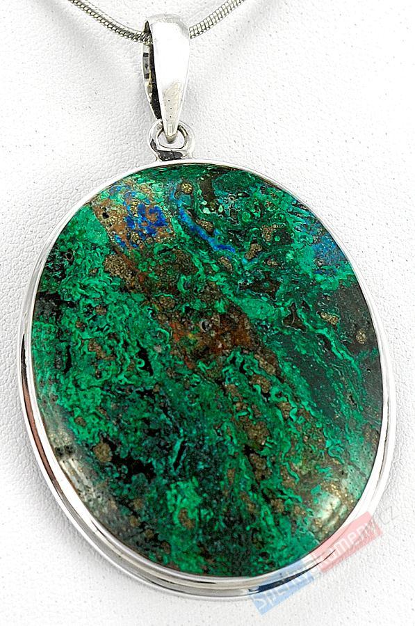 Přívěšek (Ag 925/1000) s malachitem s azuritem a pyritem QA, 48 mm (MAP700P)