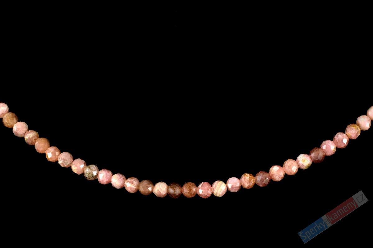 Náhrdelník z broušeného rodochrozitu QA, mírně nepravidelné kuličky cca 2-3 mm (RCH351B)
