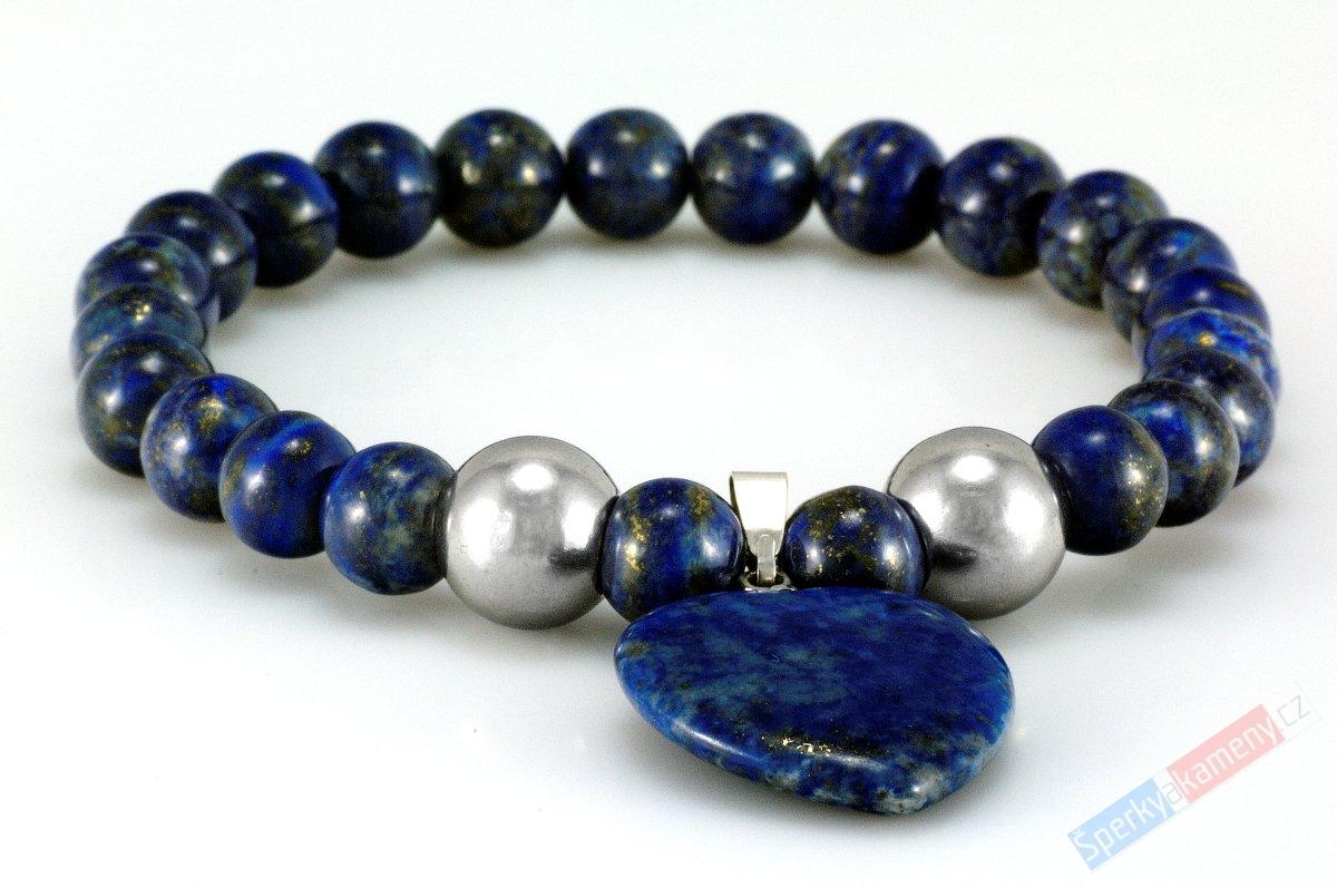 Náramek z lapisu lazuli s přívěškem QA, kuličky cca 8 mm "hvězdami posetá obloha II" (LL380NS)
