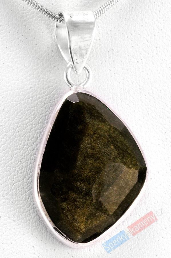 Unisex stříbrný přívěšek (Ag 925/1000) s brouš. zlatistvým obsidiánem QA, vel. cca 28 mm (OB455P)