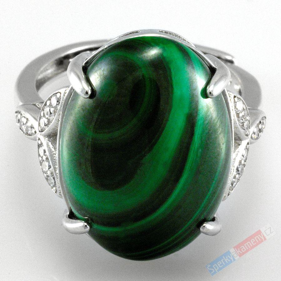 Stříbrný prsten (Ag 925/1000) s pravým malachitem QA, velikost kamene cca 18 mm (MA451R)