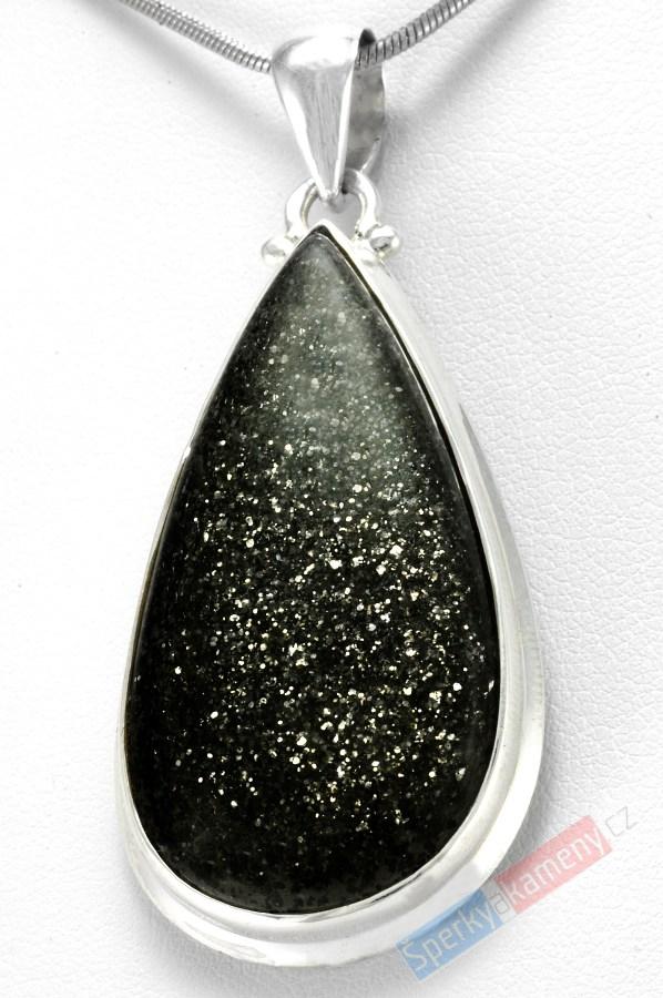 Stříbrný přívěšek (Ag 925/1000) s Black Sun Stone QA, kapka cca 44 mm, RARITA (BSS1400P)