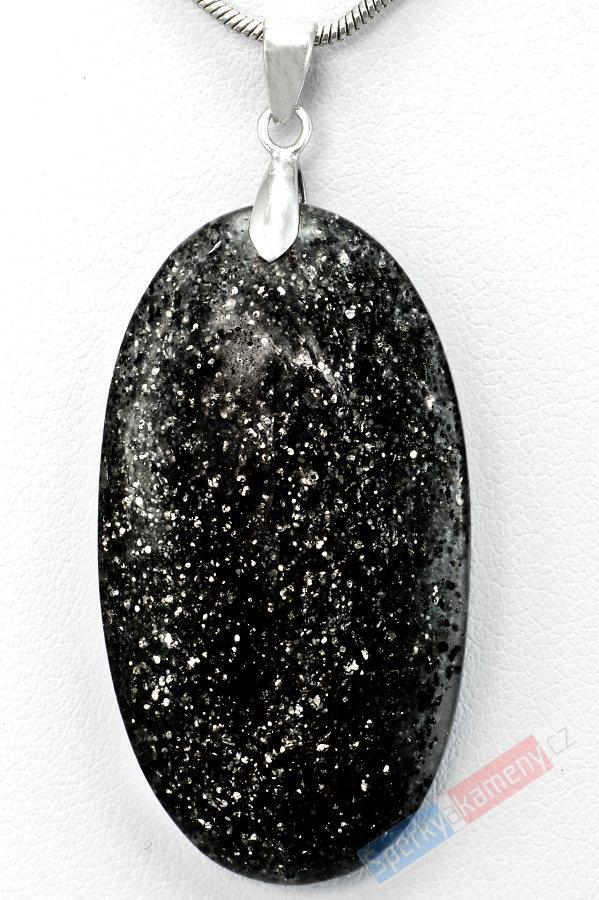 Přívěsek z Black Sun Stone QA, ovál cca 39 x 20 mm, rhodiované stříbro Ag 925/1000, RARITA (BSS621P)