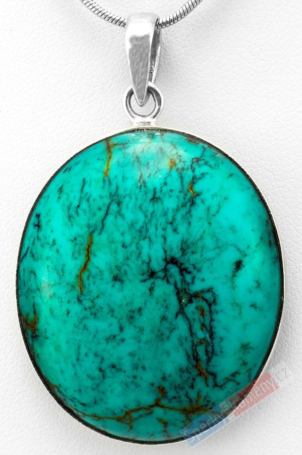 Stříbrný přívěšek (Ag 925/1000) s pravým tyrkysem QA, široký ovál cca 39 x 32 mm (TYS959P)