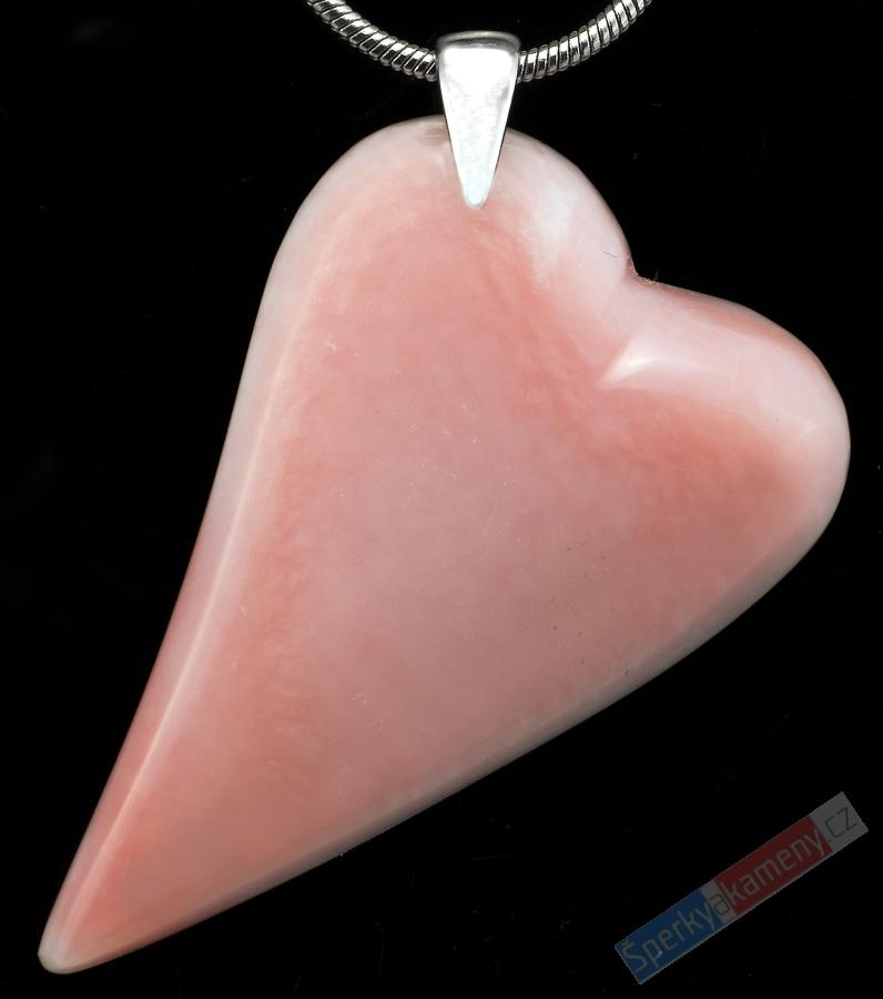 Originální přívěšek z andského růžového opálu QA, velké srdce cca 40 x 25 mm, rhodiované stříbro Ag 925/1000, RARITA (OA595P)