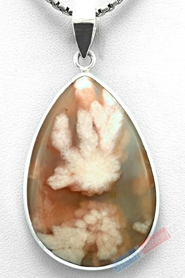 Větší stříbrný přívěšek (Ag 925/1000) s mexickým achátem QAA, kapka cca 43 x 30 mm, RARITA, "krajkový květ" (CLA6050P)