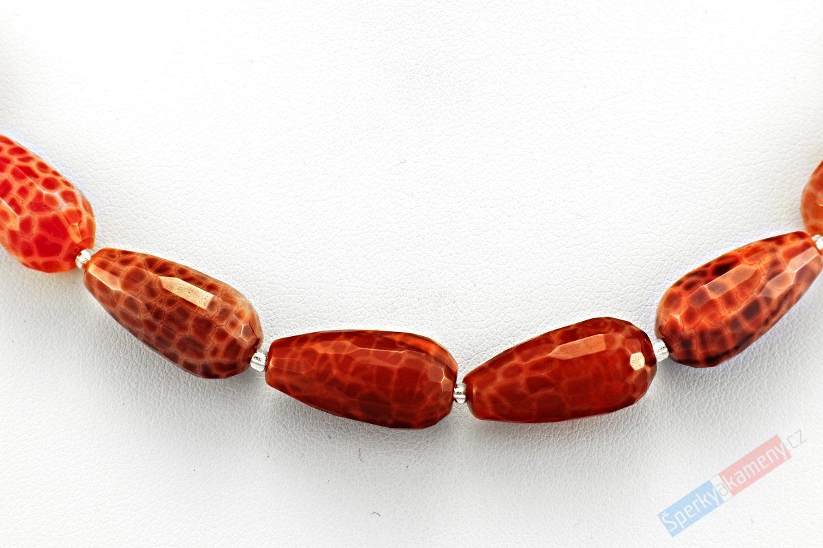 Náhrdelník z ohnivého achátu QA, velké kapky cca 20 mm, stříbro Ag 925/1000, RARITA (ACH7260S)