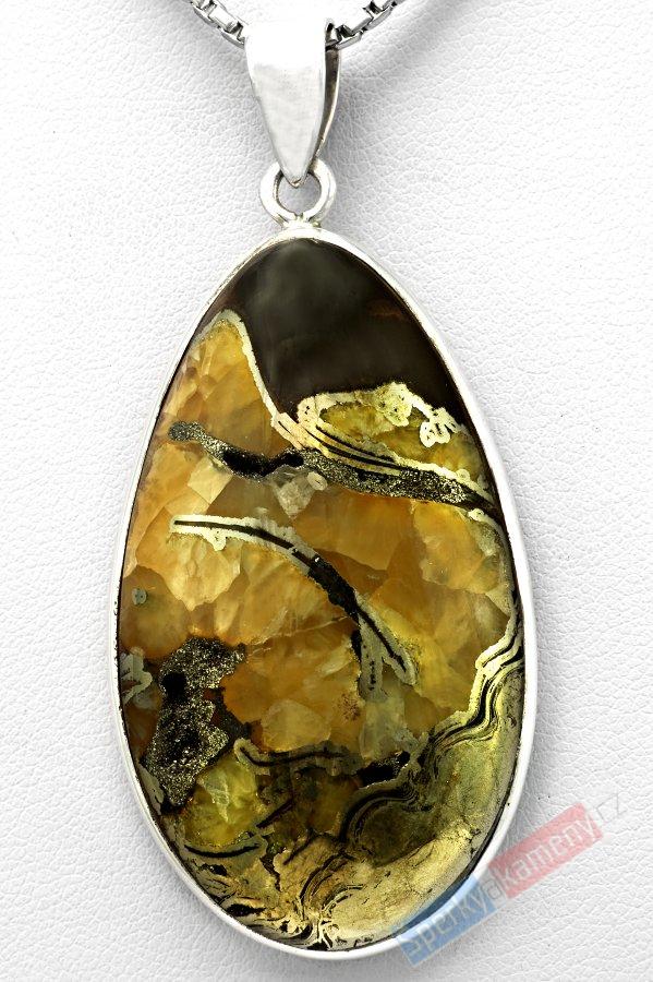 Stříbrný přívěšek (Ag 925/1000) s markazitem a kalcitem QA, kapka cca 48 mm, RARITA (MZ1210P)
