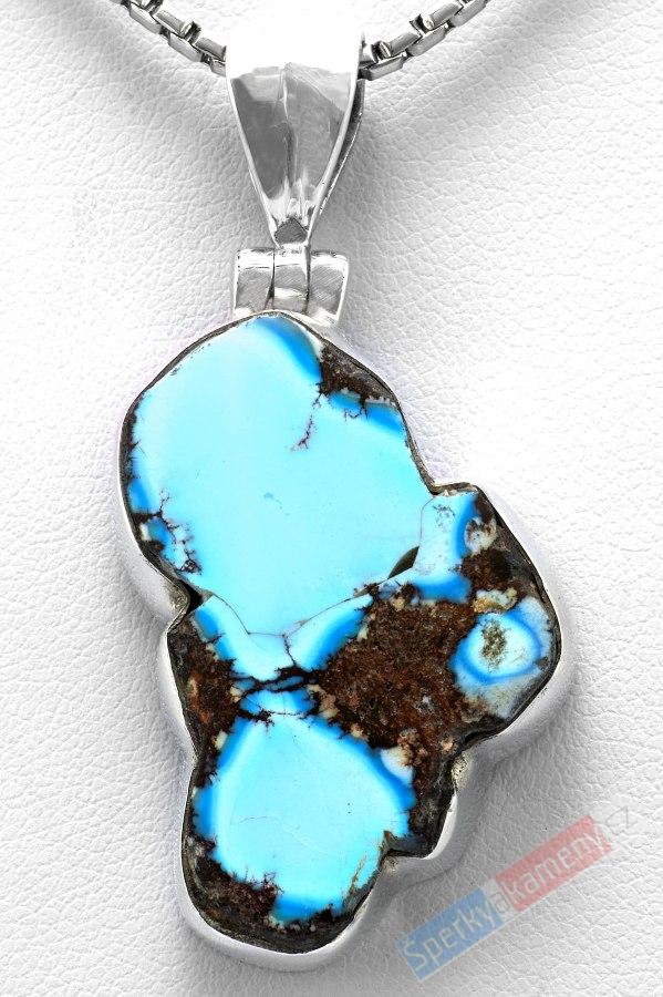 Stříbrný přívěšek (Ag 925/1000) s kazachstánským tyrkysem QAA "baby blue", cca 32 x 21 mm, RARITA (TYS1815P)