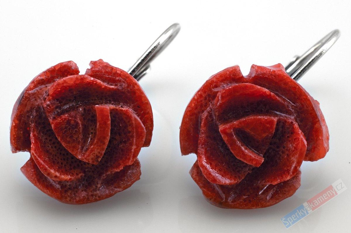Náušnice ve stylu boho z přírodního houbového korálu QA ve tvaru květu růže, prům. cca 13 mm, stříbro Ag 925/1000, "květinková víla" (KP4537U)