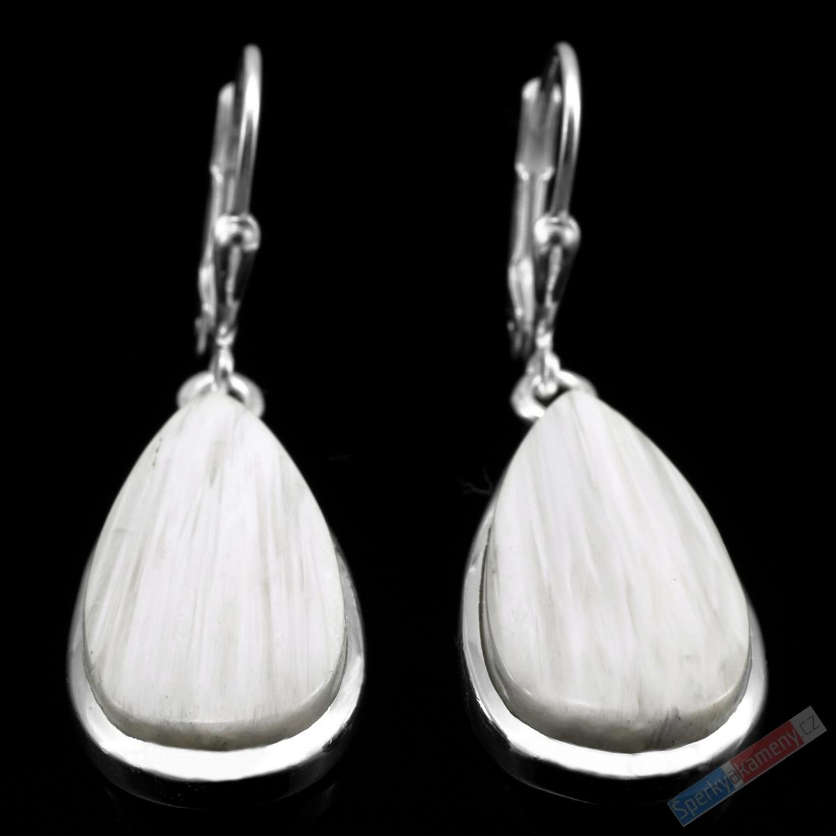 Stříbrné náušnice (Ag 925/1000) s bílým skolecitem QA, kapky cca 26 x 14 mm "andělská křídla", RARITA (SC7871U)