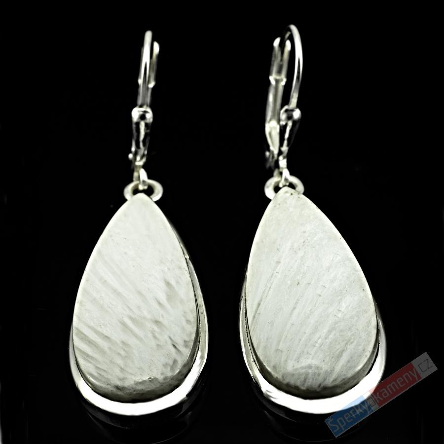 Stříbrné náušnice (Ag 925/1000) s bílým skolecitem QA, kapky cca 26 x 14 mm "andělská křídla", RARITA (SC7874U)