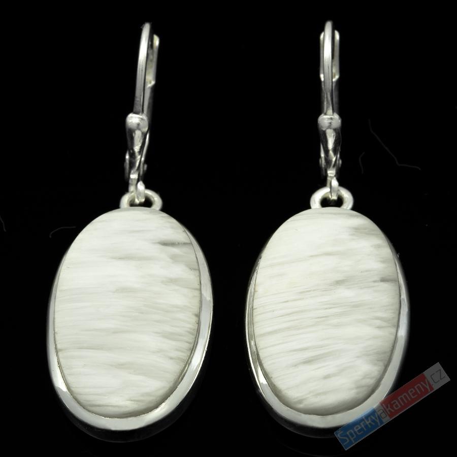Stříbrné náušnice (Ag 925/1000) s bílým skolecitem QA, oválky cca 25 x 14 mm, RARITA (SC7877U)