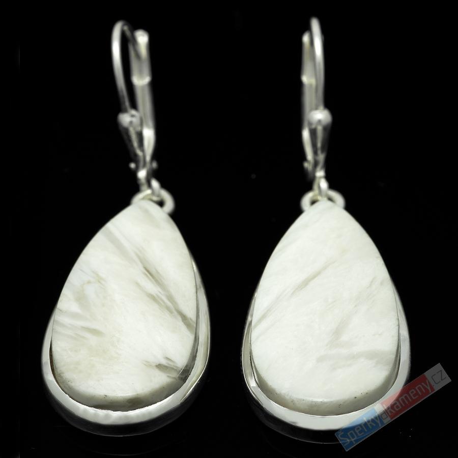 Stříbrné náušnice (Ag 925/1000) s bílým skolecitem QA, kapky cca 27 x 14 mm, RARITA (SC7879U)