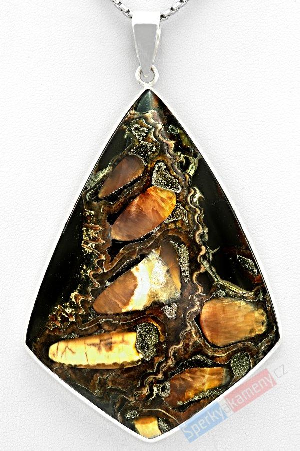 Velký originální stříbrný přívěšek (Ag 925/1000) s markazitem QA, cca 70 x 52 mm, RARITA (MZ2120P)