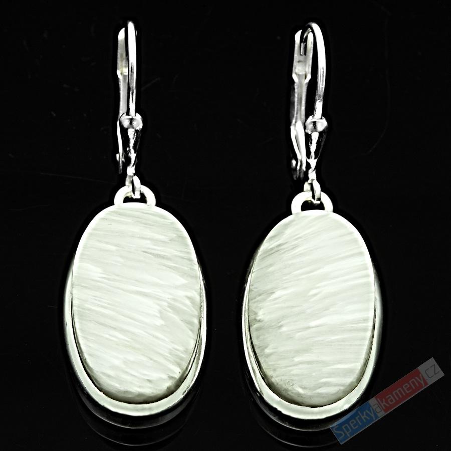 Stříbrné náušnice (Ag 925/1000) s bílým skolecitem QA, ovály cca 22 mm "andělská křídla", RARITA (SC7870U)