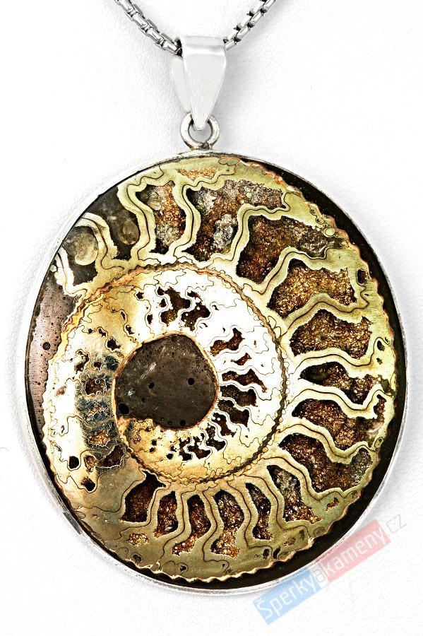 Stříbrný přívěšek (Ag 925/1000) s markazitem, pyritem a amonitem QA, ovál cca 53 x 49 mm, RARITA (MZ1816P)