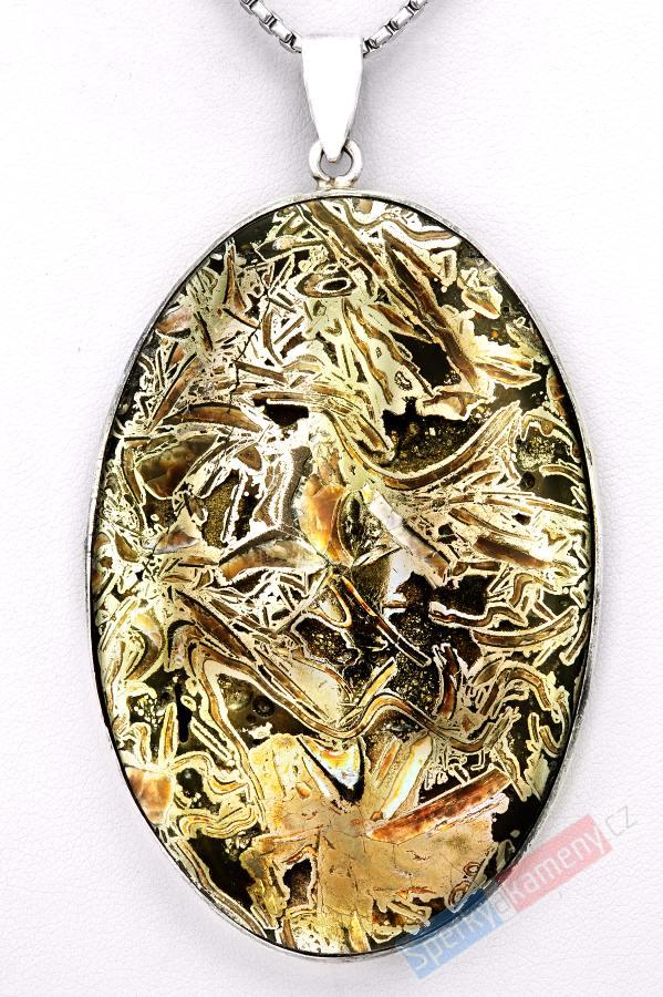 Extra veký originální stříbrný (Ag 925/1000) přívěšek s markazitem, pyritem a amolitem QA, ovál cca 70 mm, RARITA (MZ2119P)