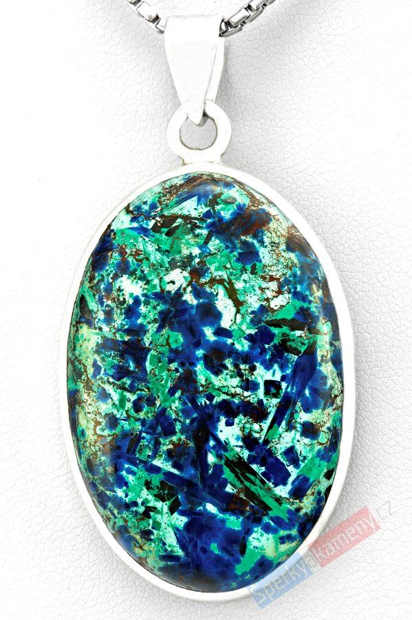 Stříbrný přívěšek (Ag 925/1000) s azuritem z Mexika v chryzokolu QA, ovál cca 42 x 28 mm, RARITA (AZCH1513P)