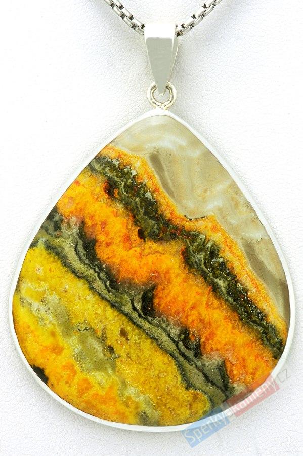 Velký stříbrný přívěšek (Ag 925/1000) s bumblebee jaspisem QAA, široká kapka cca 53 x 48 mm, nádherné probarvení, RARITA (JSB1212P)