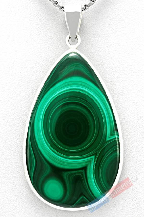 Velký stříbrný přívěsek (Ag 925/1000) s malachitem QAA, kapka cca 50 x 31 mm (MA1518P)