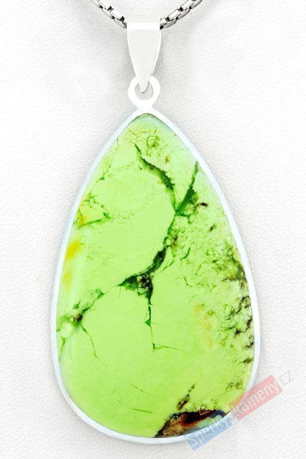 Velký stříbrný přívěsek (Ag 925/1000) s lemon chryzoprasem QA, kapka cca 50 x 32 mm, RARITA (CHRL1393P)