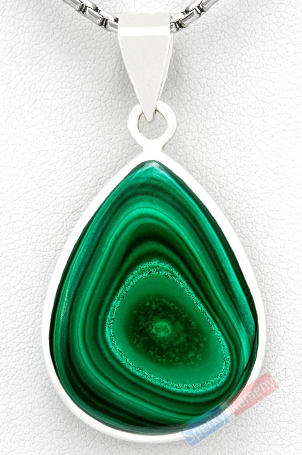 Stříbrný přívěsek (Ag 925/1000) s malachitem QAA, kapka cca 29 x 23 mm (MA5445P)