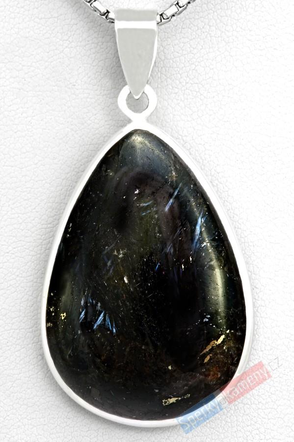 Stříbrný přívěsek (Ag 925/1000) s nummitem QA, kapka cca 39 x 27 mm, RARITA (NT1089P)