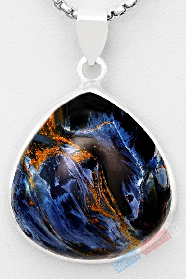 Stříbrný přívěsek (Ag 925/1000) s pietersitem QAA, kapka cca 31 x 29 mm, RARITA (PS9688P)