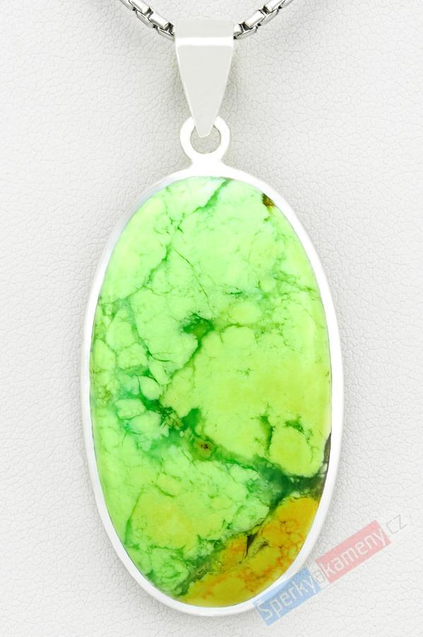 Větší stříbrný přívěsek (Ag 925/1000) s lemon chryzoprasem QAA, ovál cca 43 x 26 mm, RARITA (CHRL9083P)