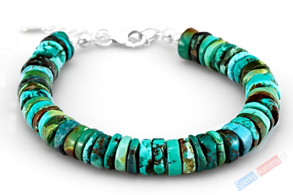 Náramek z tibetského tyrkysu QA, velké čočky cca 8 x 3 mm, stříbro Ag 925/1000, RARIA (TYS9270NS)