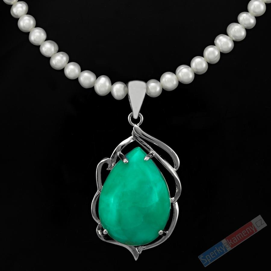 Originální náhrdelník v boho stylu z bílých perel s přívěskem z variscitu QA, stříbro Ag 925/1000, "princezna z rodu Ajmarů" (VAP7260S)