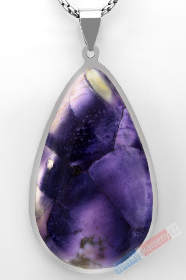 Velký stříbrný přívěsek (Ag 925/1000) s Tiffany Stone QAA, kapka cca 54 x 33 mm, nádherná fialová barva (TF2118P)