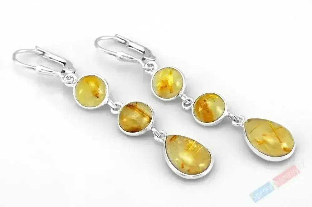 Originální stříbrné náušnice (Ag 925/1000) se sagenitem QA, závěs tří kamenů o celk. délce cca 37 mm, RARITA (KRS5445U)