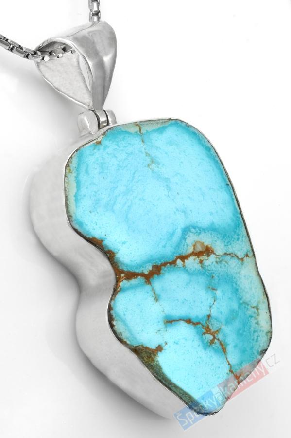 Větší stříbrný přívěsek (Ag 925/1000) s kazachstánským tyrkysem QAA, cca 46 x 32 mm, RARITA (TYS4598P) 