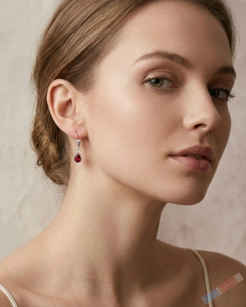 Minimalistické stříbrné náušnice (Ag 925/1000) s broušenými rubíny QA, malé kapky cca 5 mm (RU6055U)