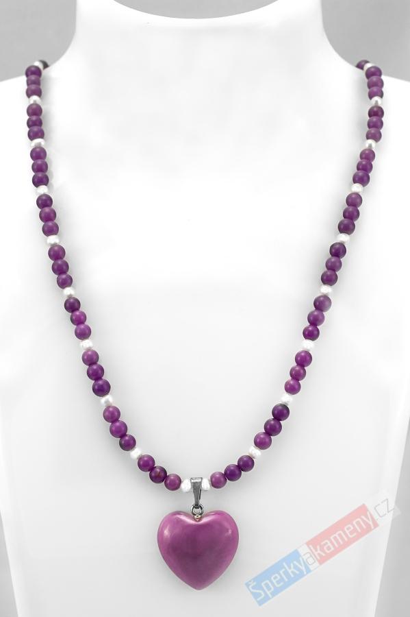 Náhrdelník v boho stylu z phosphosideritu a bílých perel s přívěskem QA, stříbro Ag 925/1000, "srdce princezny Tamanaků III", RARITA (FSP8471S)