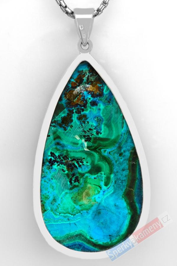 Velký stříbrný přívěsek (Ag 925/1000) s chryzokolem z Konga QAA, kapka cca 53 x 31 mm, nádherná kresba, "deštný prales u řeky Kongo" (CHL1742P)