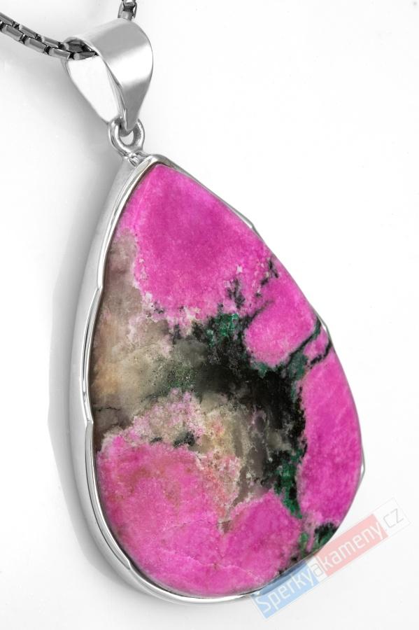 Větší stříbrný přívěsek (Ag 925/1000) s kobaltovým kalcitem QAA, kapka cca 45 x 33 mm, nádherná pink barva a krásná kresba, RARITA (KKC1525P)