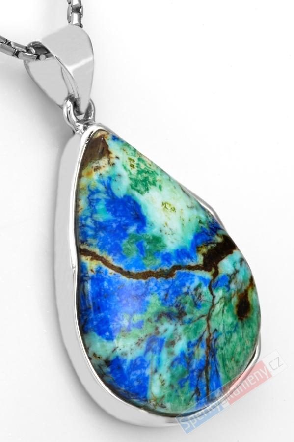 Stříbrný přívěsek (Ag 925/1000) s azuritem v tyrkysu QAA, kapka cca 35 x 26 mm, RARITA (AZT1264P)